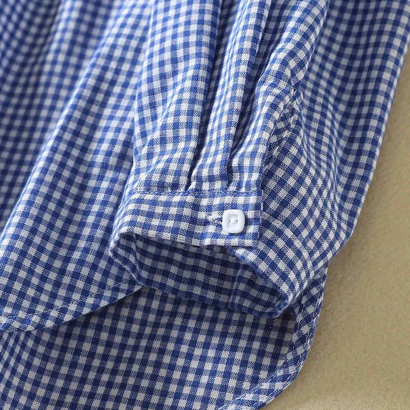 Damski kardigan w kratę retro, długi rękaw, zapinany na jeden guzik, nowy model na wiosnę, cienki, niebieski top, oddychający, luźny krój, bawełna.