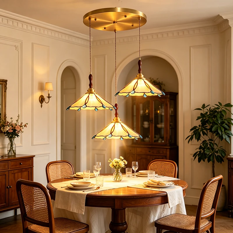 Retro Creative Restaurant Chandelier Tiffany Colorful Countryside Flower Pendant Light Home Decoration LED Glass Hanging Lamps