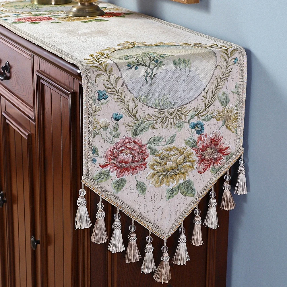 European Pastoral Embroidery Table Runner Luxury Vintage Fringe Pendant Tablecloth Table Cover Dining Table Decorative Art Cloth