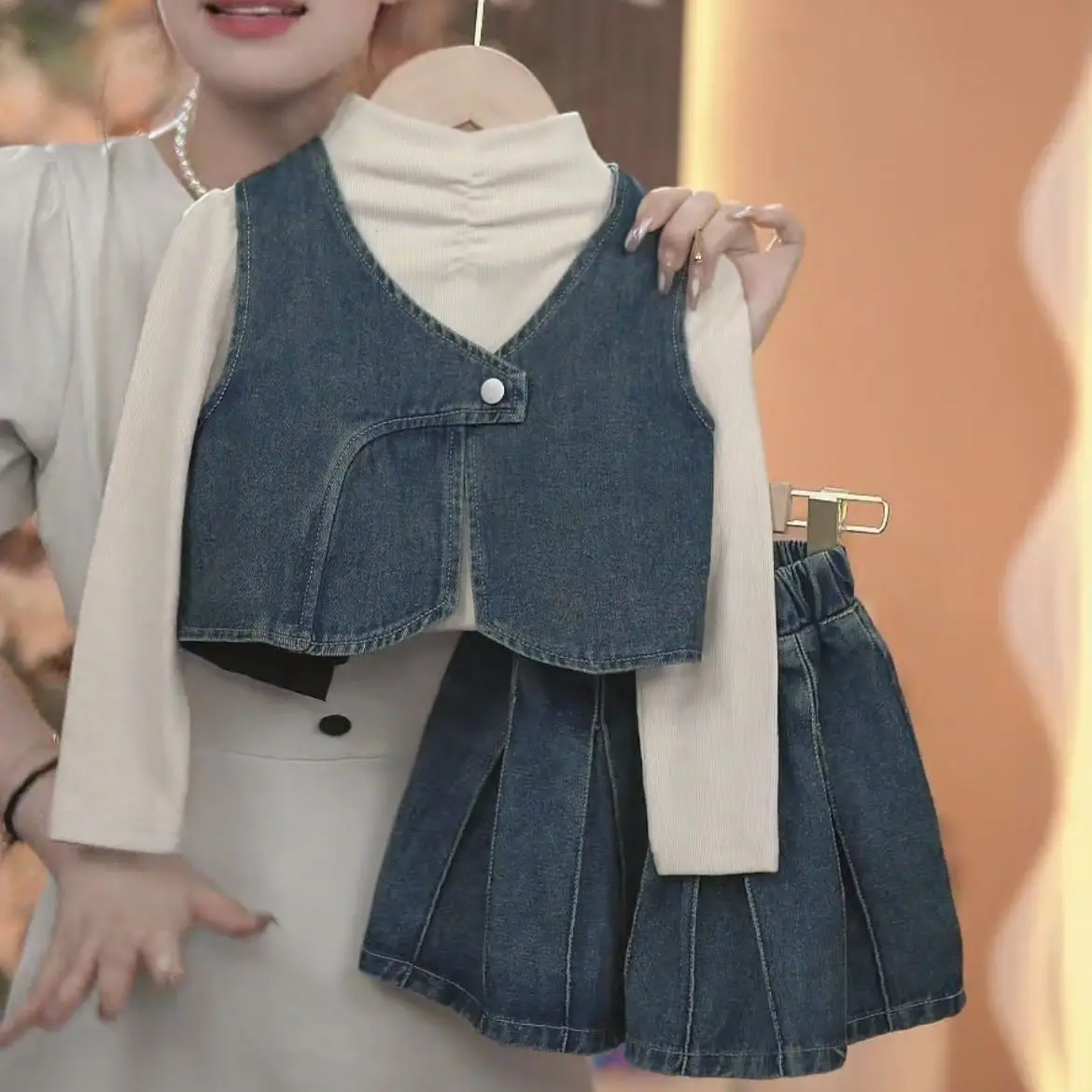 Girls Set 2026 New Early Fall Korean Kids Simple Elegant Complete Kids Denim Fall Stylish Three Piece Set