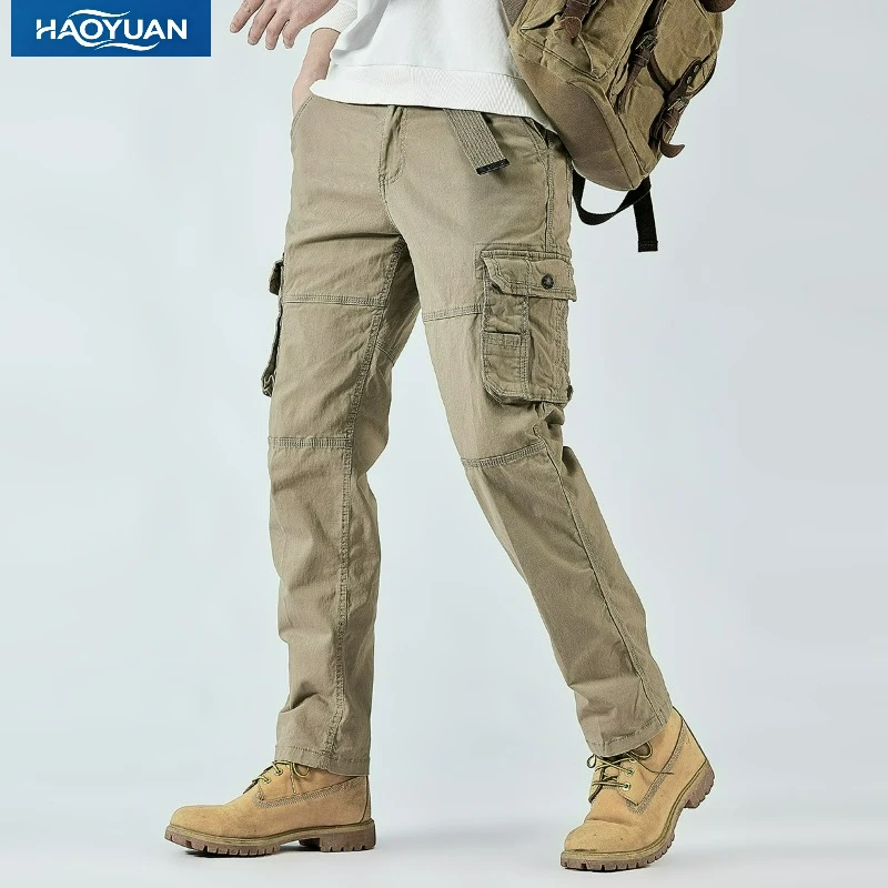 

2026 Men's Cargo Pants Straight Leg Cotton Stretch Tactical Trouser Male Military Outdoor Camping Fishing Casual Work Wear Khaki