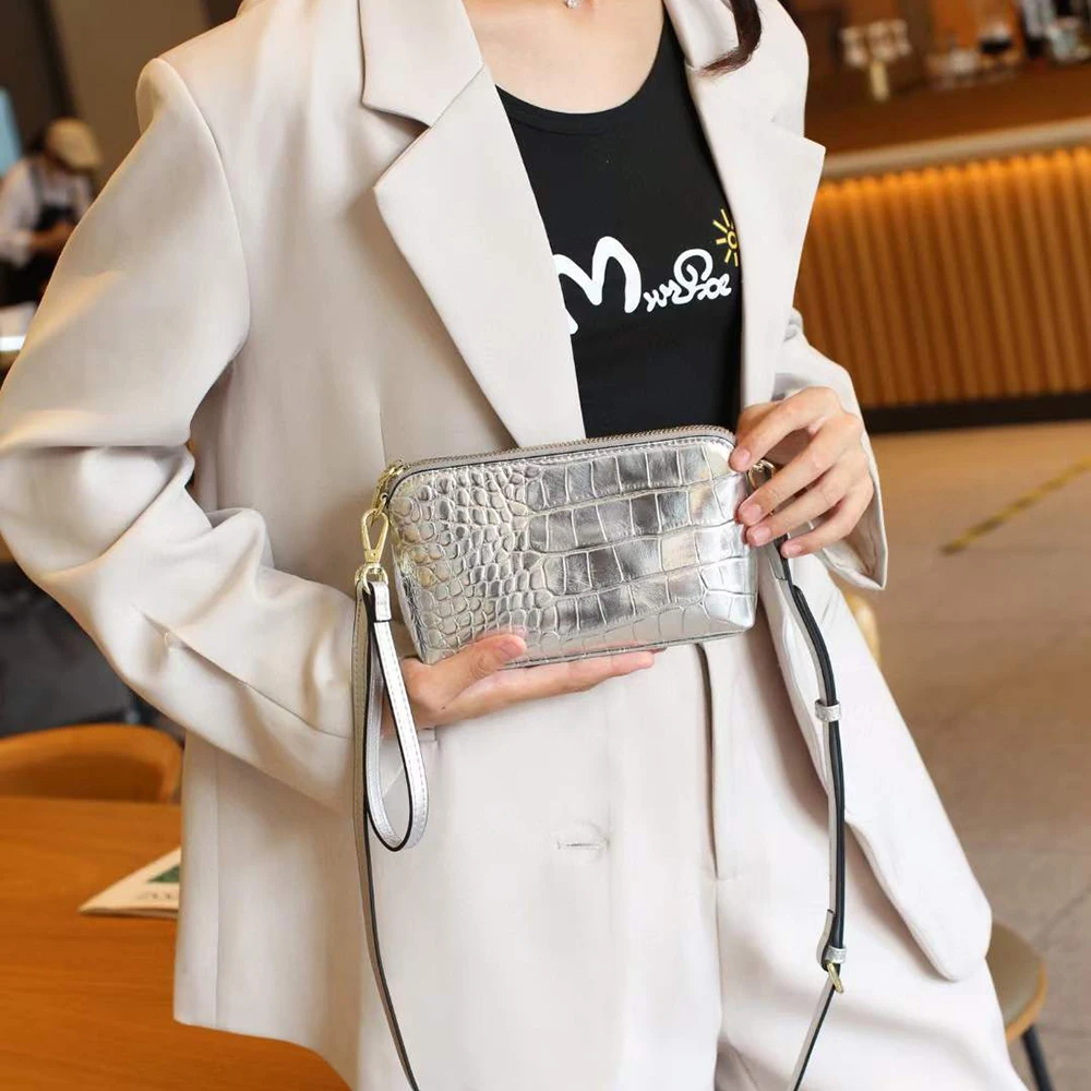 Crocodile Pattern Women Clutch Bag Luxury Genuine Leather Zip Pouch Crossbody Bag New Small Female Wristlet Phone Purse Handbag