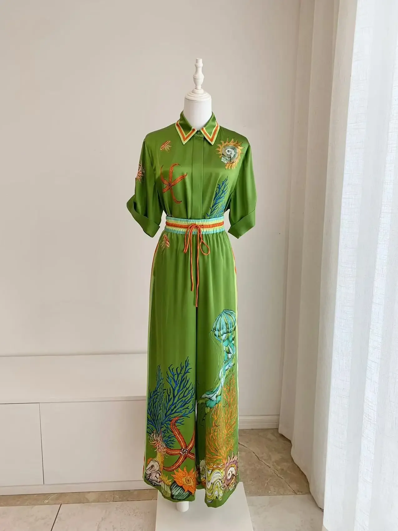 Kemeja sutra 100% wanita hijau motif cetak lengan pendek kemeja modis+celana panjang celana lebar celana lurus setelan wanita