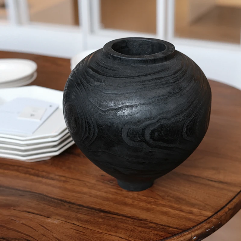 Wooden Circular Vase, Water Grown Flowers, Flower Arrangement, Living Room Dining Table Decoration, High-end Black