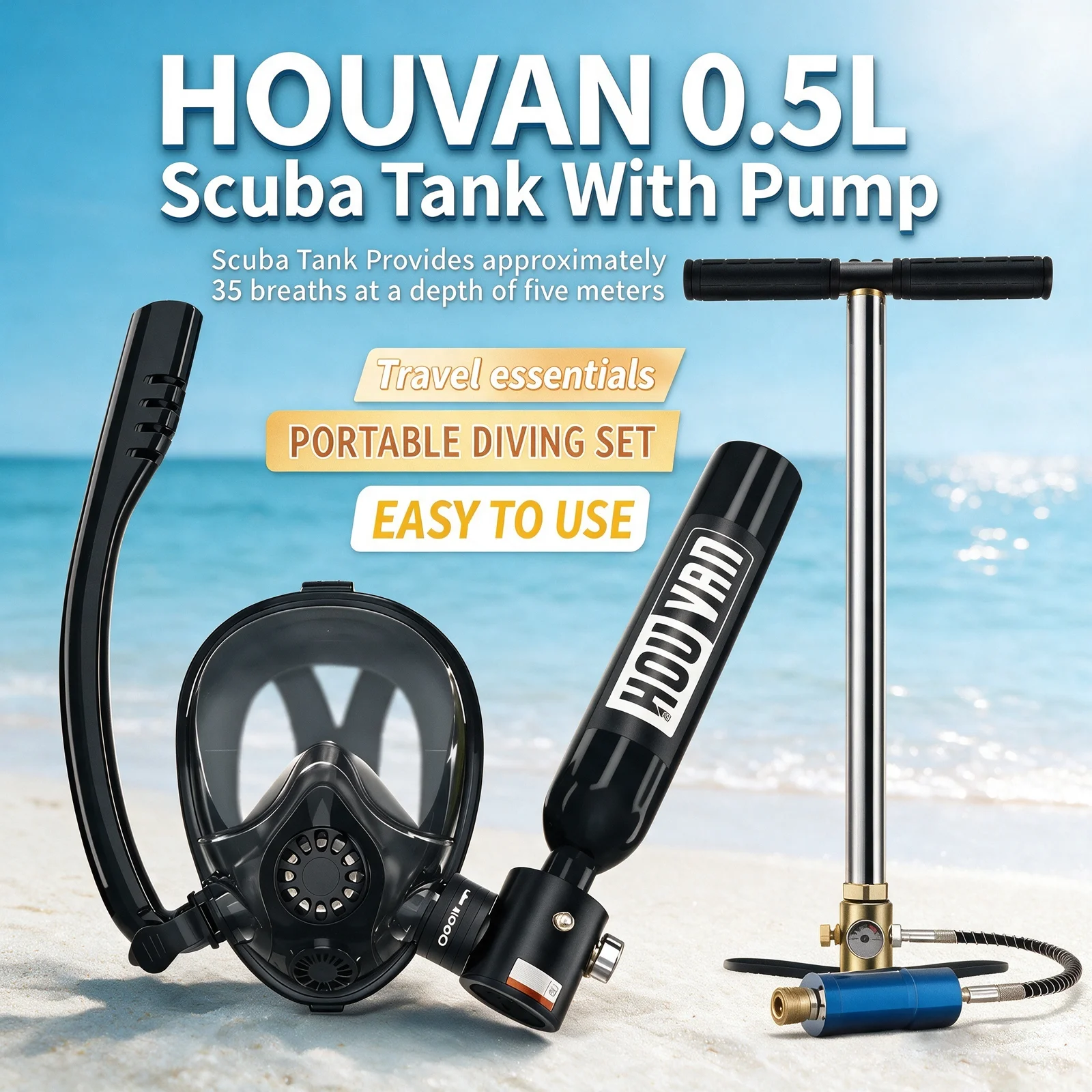 HOUVAN 0.5L Mini Diving Tank with Pump and Snorkel Mask Portable Diving Tank Essential For 6-10 Minutes Underwater, Summer Leisure Gear, For Dive Boat Repair, Snorkeling For Outdoor Travel Unisex Gift