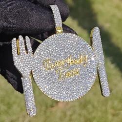 Hip Hop 5A+ CZ Stone Paved Bling Ice Out Everybody Eats knife Fork Round Pendants Necklaces for Men Rapper Jewelry