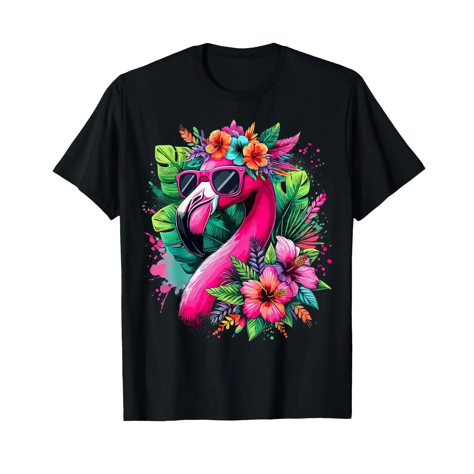 Flamingo with Sunglasses Tropical Flowers Summer Vibe T Shirt vintage Washed graphic homme fashion Comfortable Stylish