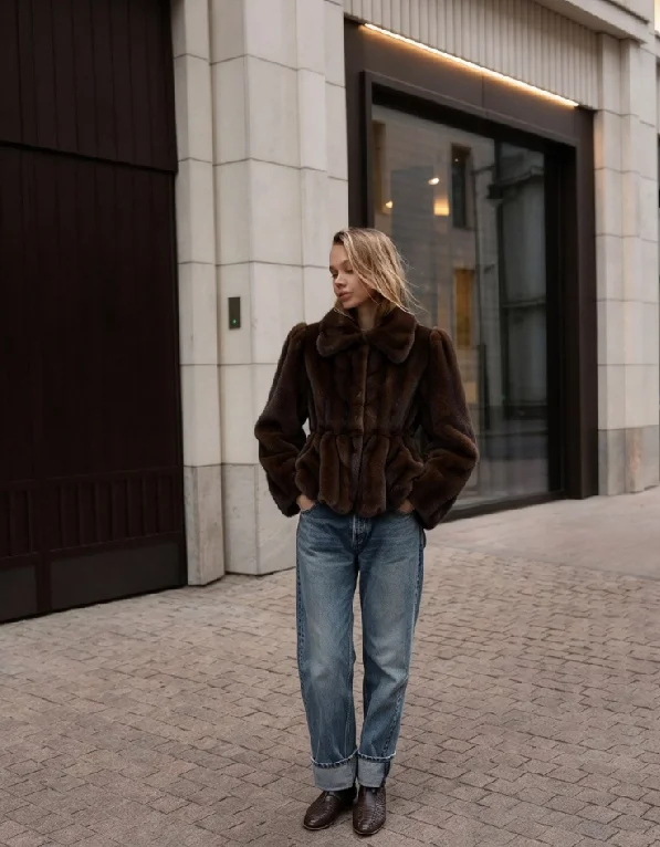 Women Vintage Lapel Faux Mink Fur Cropped Coat Puff Long Sleeve Ruffled Hem Soft Plush 2026 Warm Autumn Winter Luxury Outerwear