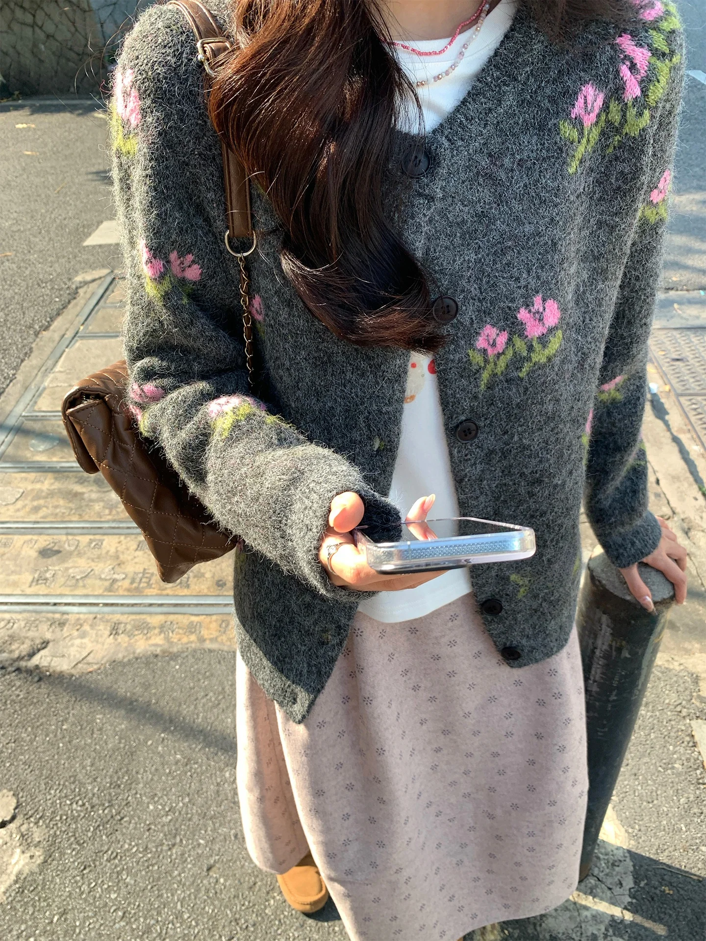 

Holli Korean Sle Floral Knitted Sweater Women's round Ne Single Button Cardigan Winter New Arrival Warm Casual Long Sve