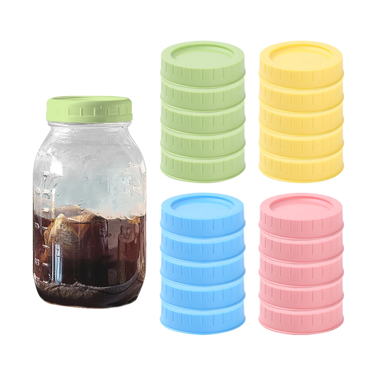 1/5 sets Plastic Mason Jar Lids Food-grade Mason Jar Caps Fit Regular Mouth 70mm Reusable Leak Proof Replacement Jar Lids