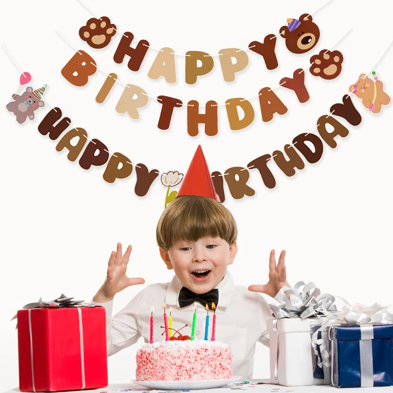 Bear Happy Birthday Banner Cute Paper Birthday Bunting Banner Hanging Garland For Kids Baby Shower 1st First Birthday Decoration