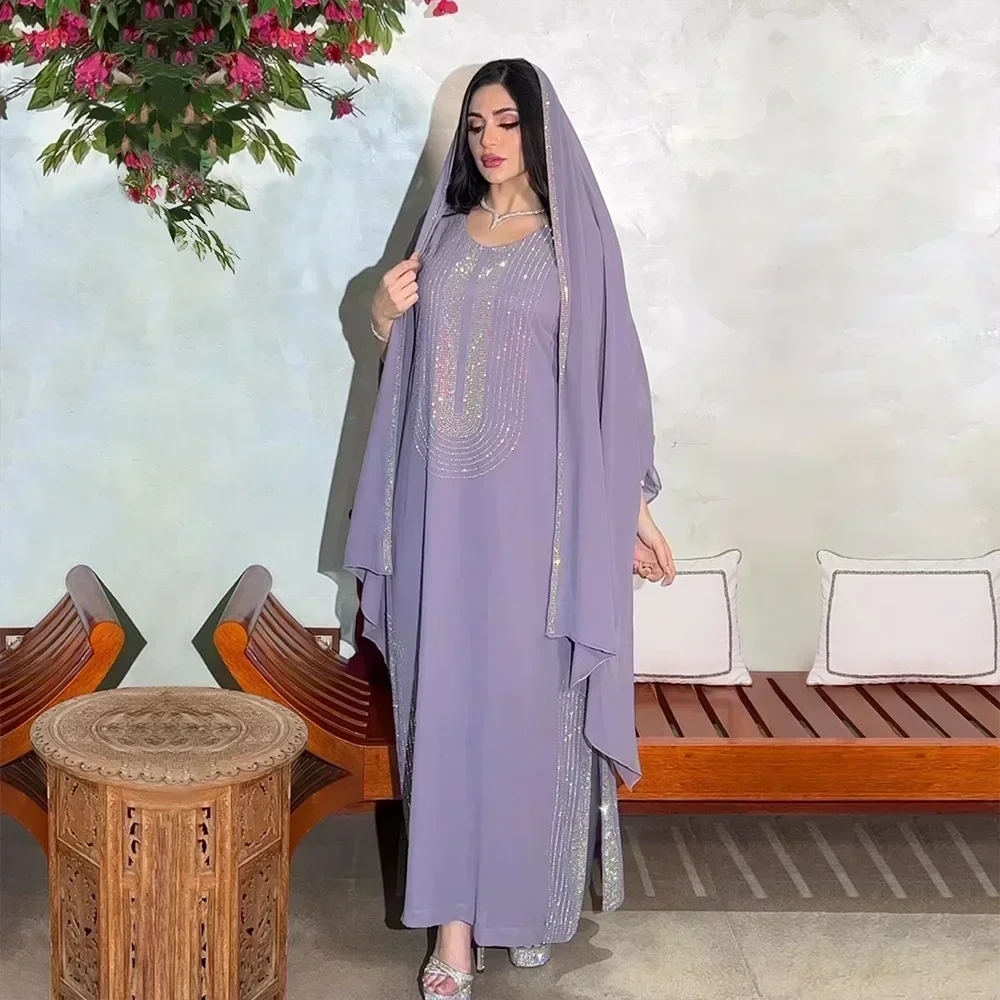 2pcs Set Chiffon Abaya Hijab Diamonds Loose Robe Dresses Muslim Gown for Women Split Hem Jalabiya Dubai Turkey Islamic Clothing