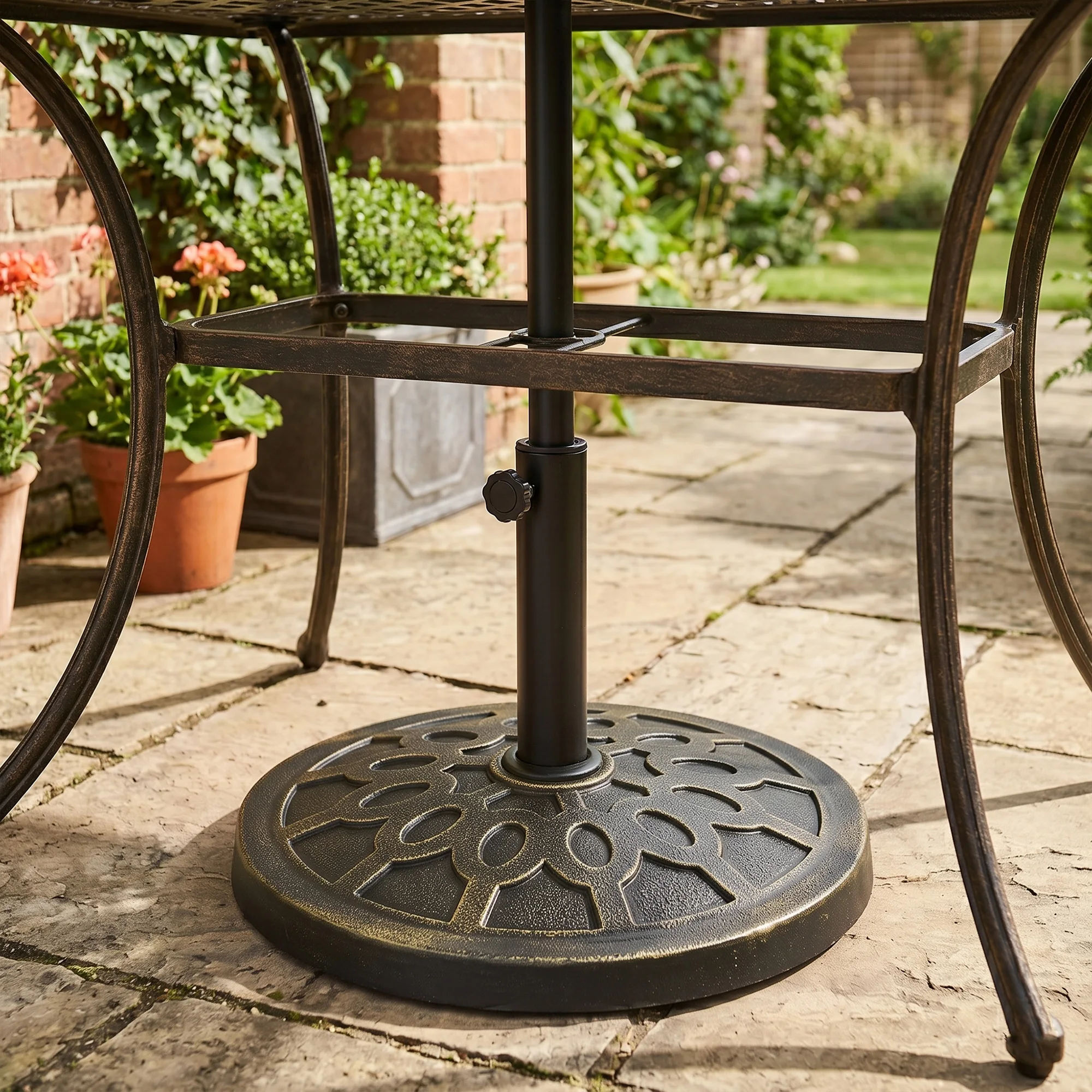 Round Decorative Cast Stone Umbrella Holder Base, 17.75-Inch, Bronze Finish