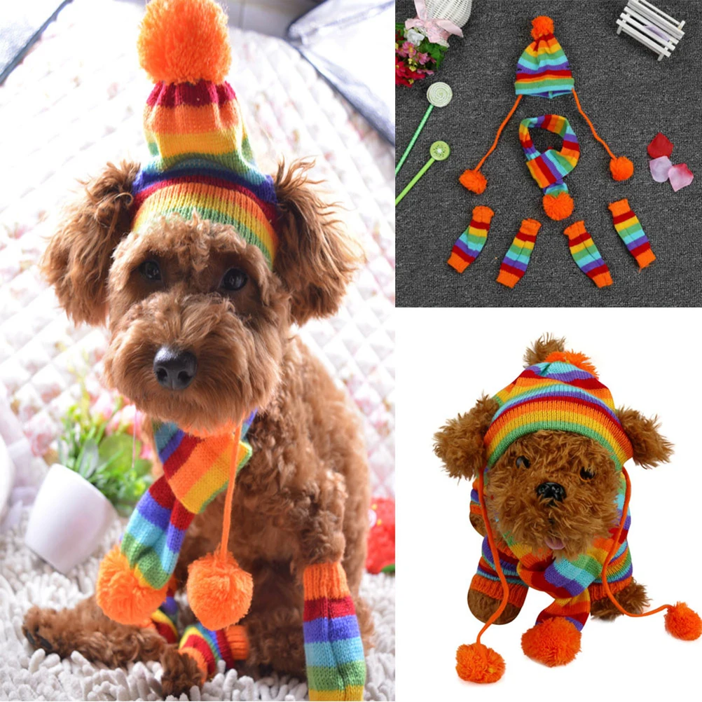 

Dog Warm Costume Winter Accessories Beanie PinkBrown Scarf Hat Festival Strpe Clothes Knitted Pet Christmas Outfit Dog Coat