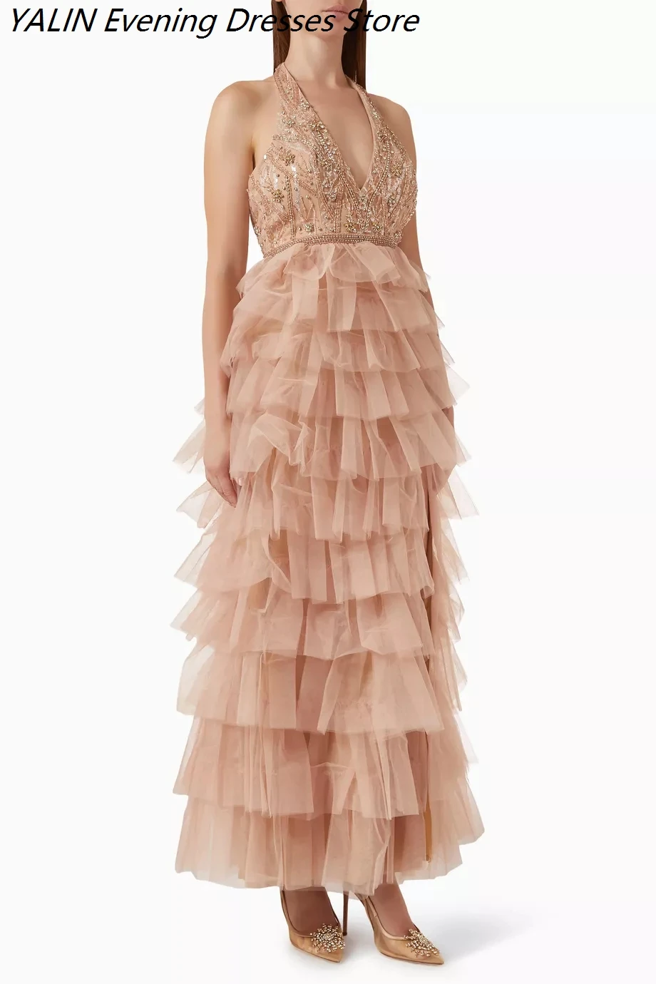 

Women's A-line Evening Dresses Ankle-length V-neck Sleeveless Prom Dresses Fashion Sequined Tiered Draped Customized Gowns