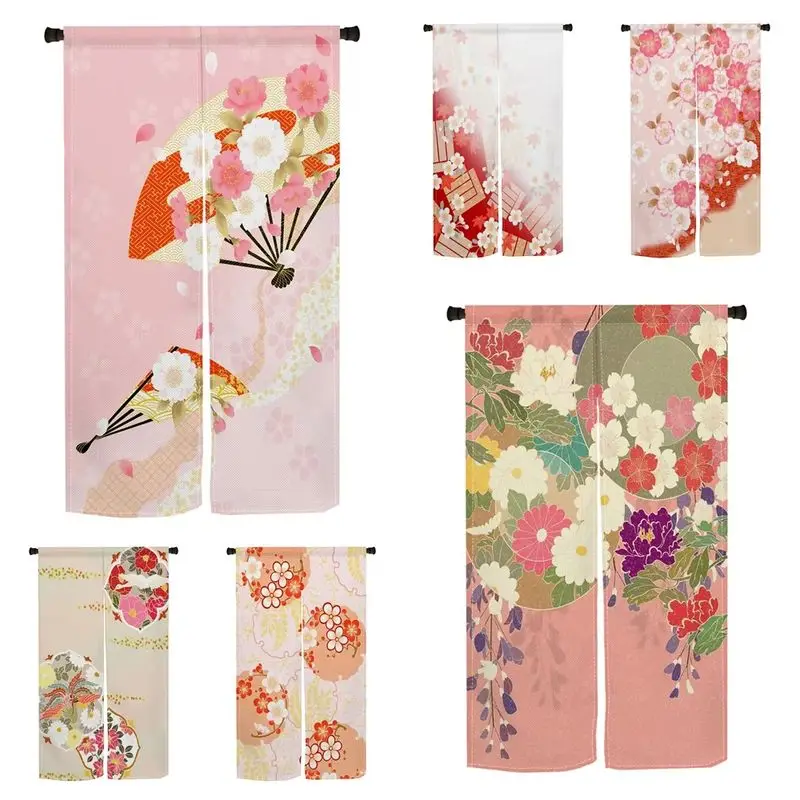VIKAMA Pink Floral Japanese Noren Half Curtain For Kitchen Entryway Soft Cozy Lightweight Washable Room Divider Home Decor