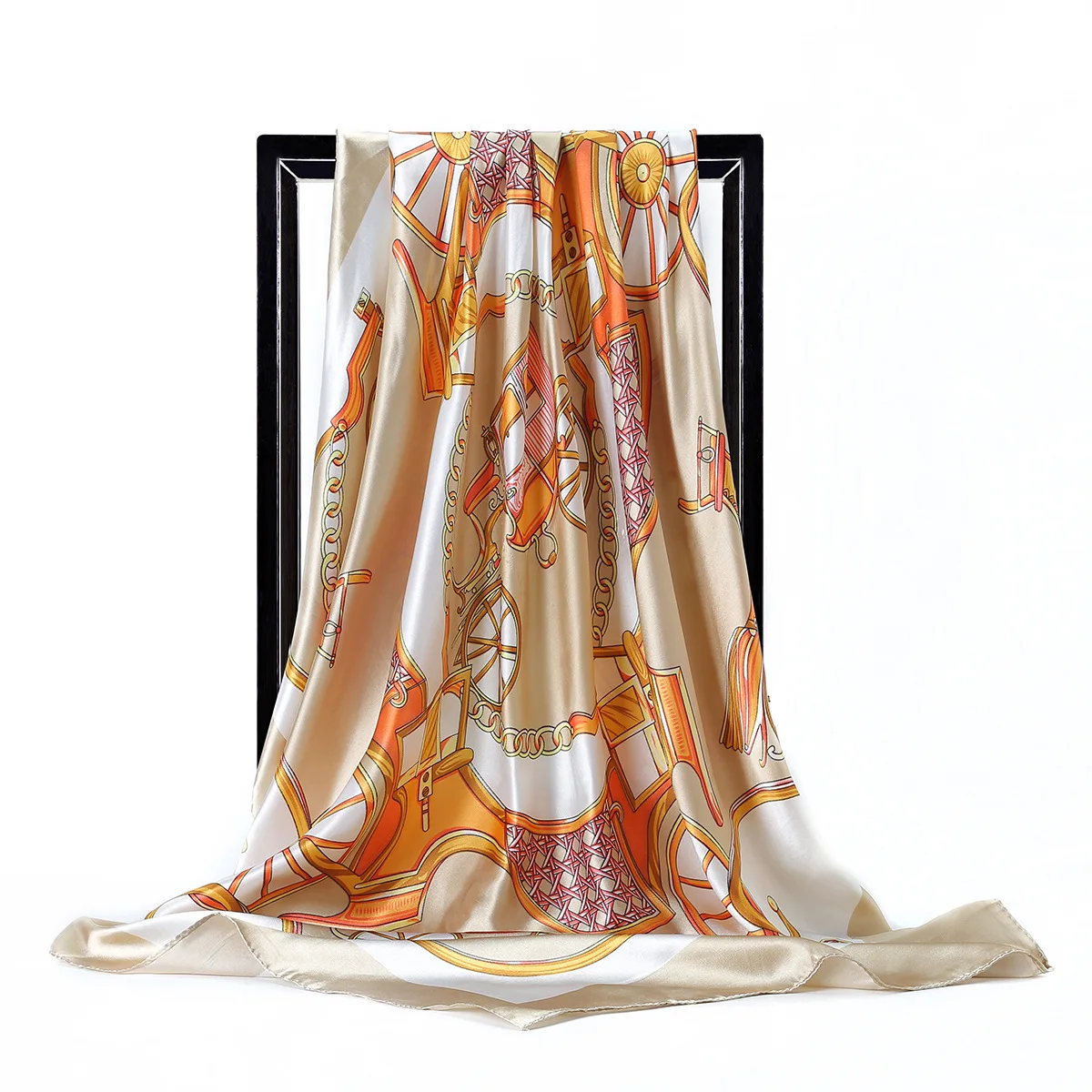 Classic pumpkin carriage pattern, faux silk satin scarf, European and American fashion 90cm square scarf