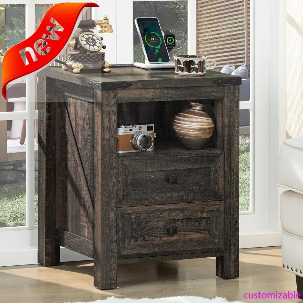 

New-Nightstand With Charging Station And USB Port, Farmhouse Side End Table With 2 Drawers And Shelf Storage, Wooden Sofa Table,