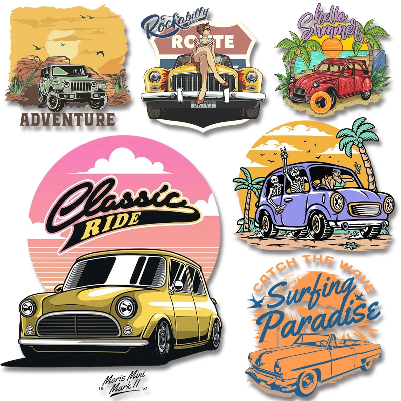 Summer Trend Mountain Car Letter Sunset Iron On Transfer on Jackets Bags Socks Pillow Clothes Fusible Patch Stickers on Fabric