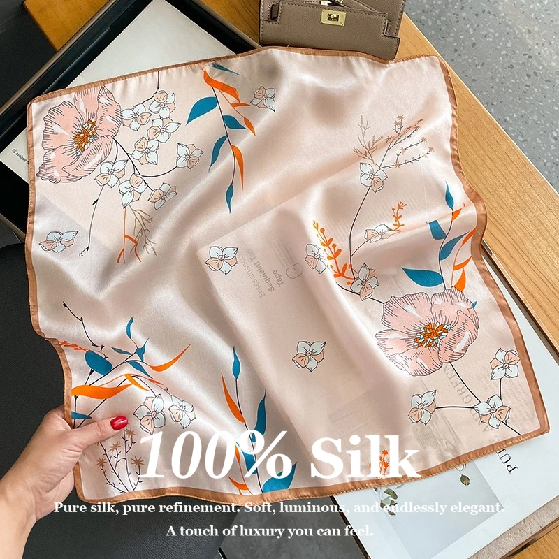 

Luxury 53x53cm Pure Silk Scarf Women Neck Square Headband Fashion Floral Print Hair Bandana Silk Hijab Small Neckerchief Foulard