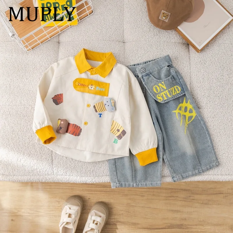 Boys Fashion Long Sleeve POLO Hoodie And Jeans Two-Piece Set Spring Autumn Comfortable Children's Outfit