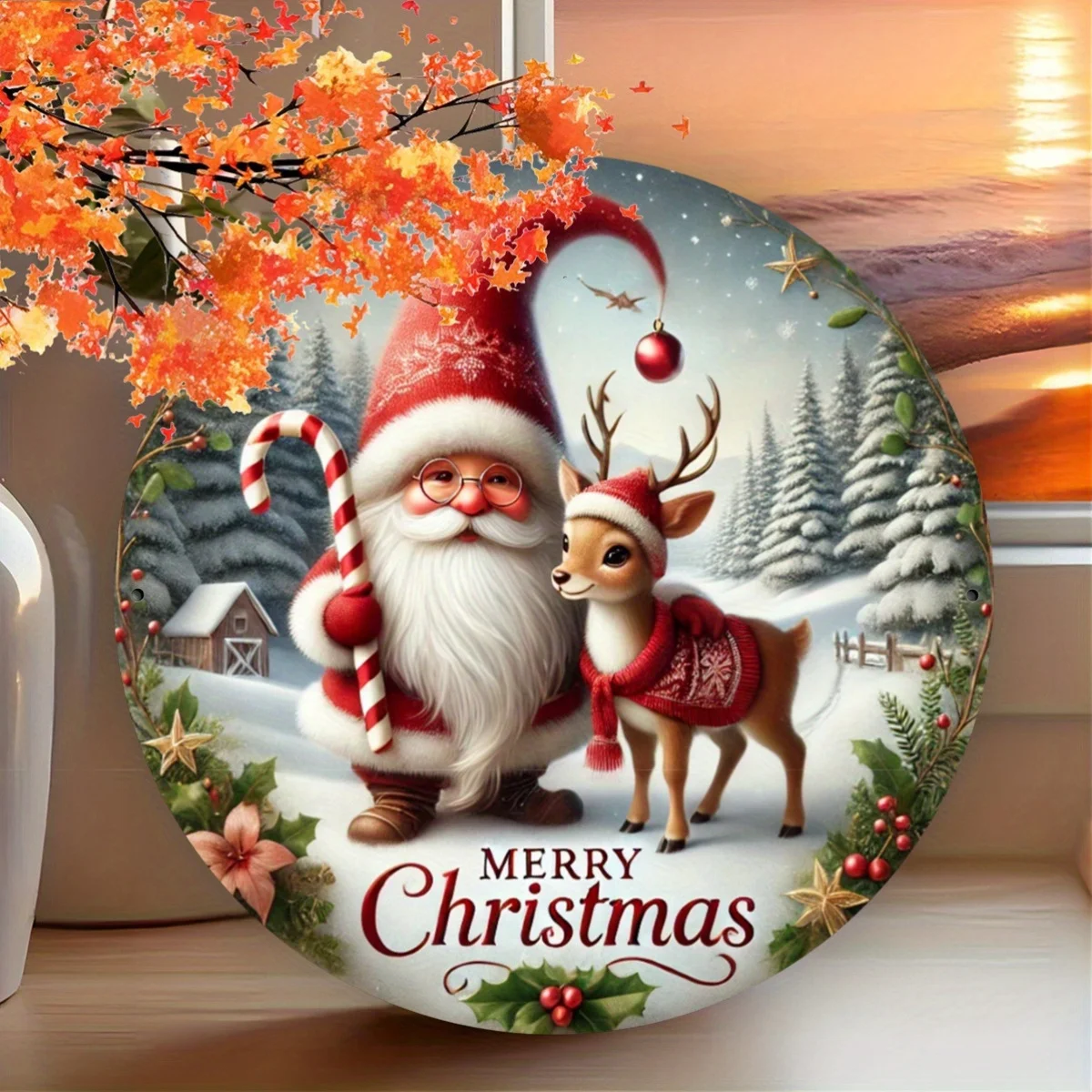 Christmas Reindeer and Gnome Metal Sign Art, 7.8 Inch Round Iron Wall Decor with Seasonal Greetings, Festive Wreath Design for H