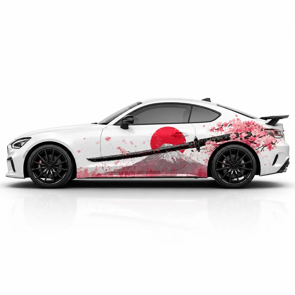 2PCS Cherry Blossom Rising Sun Sword Car Side Decals, Full Door Panel Graphics Wrap, Universal Auto Sticker for Sedan SUV Truck