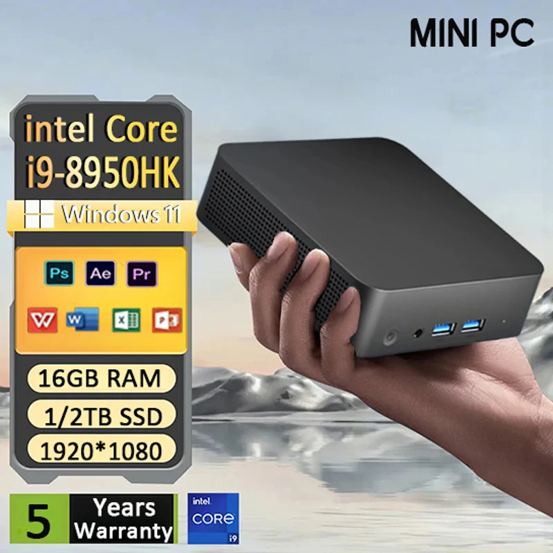 인텔 코어 i9 8950HK 게임용 미니 컴퓨터, 윈도우 11 프로, 16GB DDR4, 1TB, 2TB, M.2 SSD, 와이파이 6 UHD 그래픽 미니 PC 