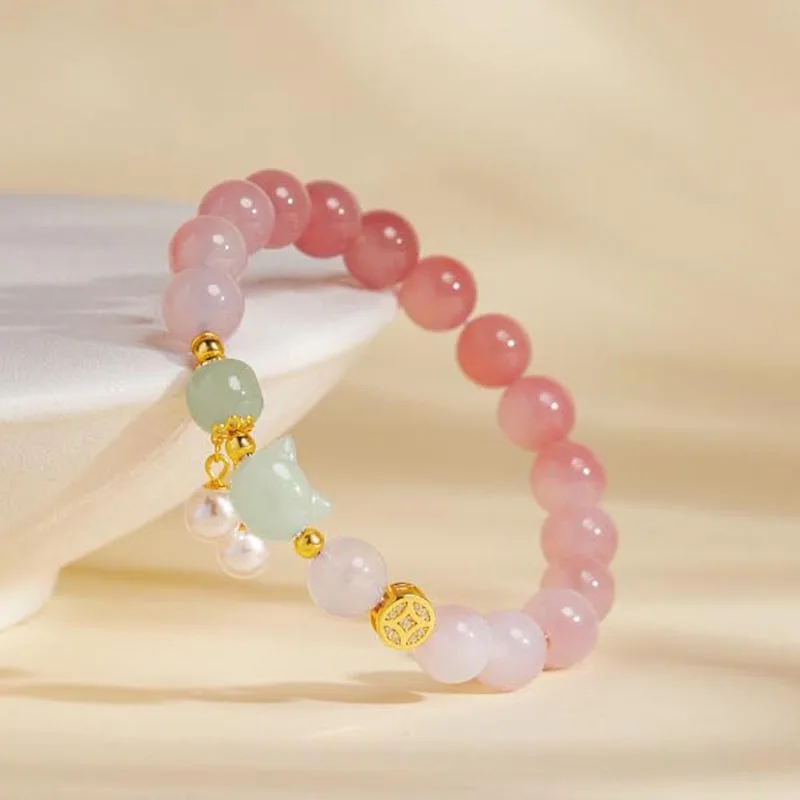 Pulsera de hilo con diseño de gato de ágata roja gradual y jade Hotan para mujer, joyería china de alta calidad, regalo festivo