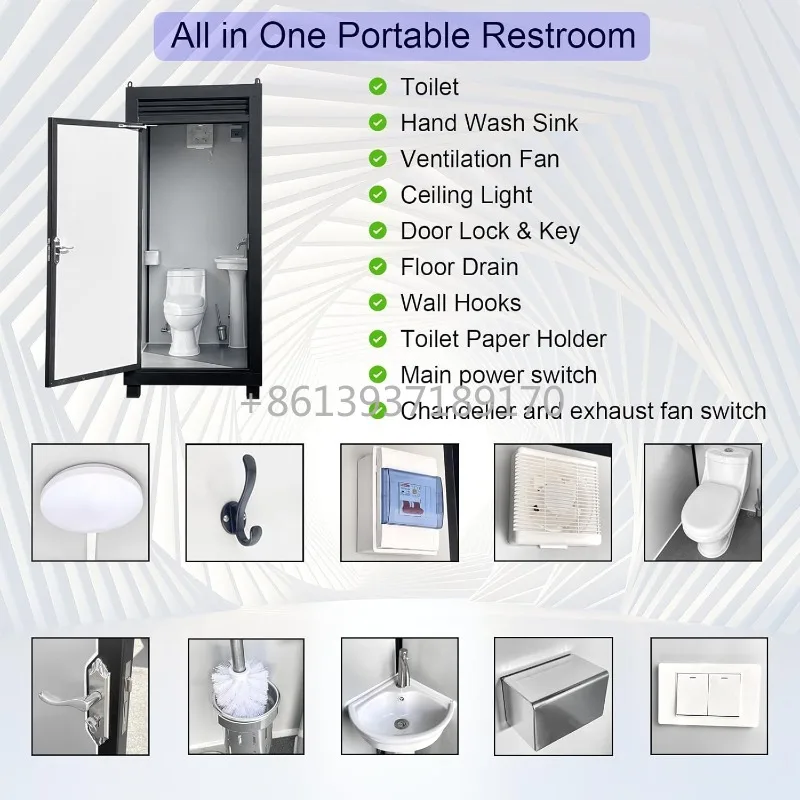Sanitário Portátil Externo para Duas Pessoas com Vaso Sanitário, Pia, Luz de Teto e Ventilador, Banheiro Móvel para Concertos