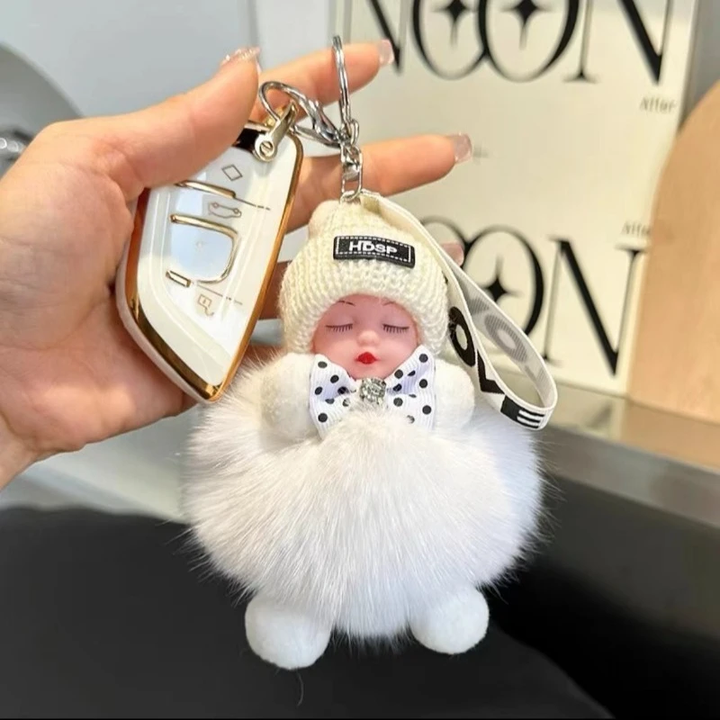 Pompom Sleeping Baby Keychain Cute Fluffy Plush Doll Keychains Women Girl Bags Keyrings Cars Key Ring Gift Charming Decoration view 3
