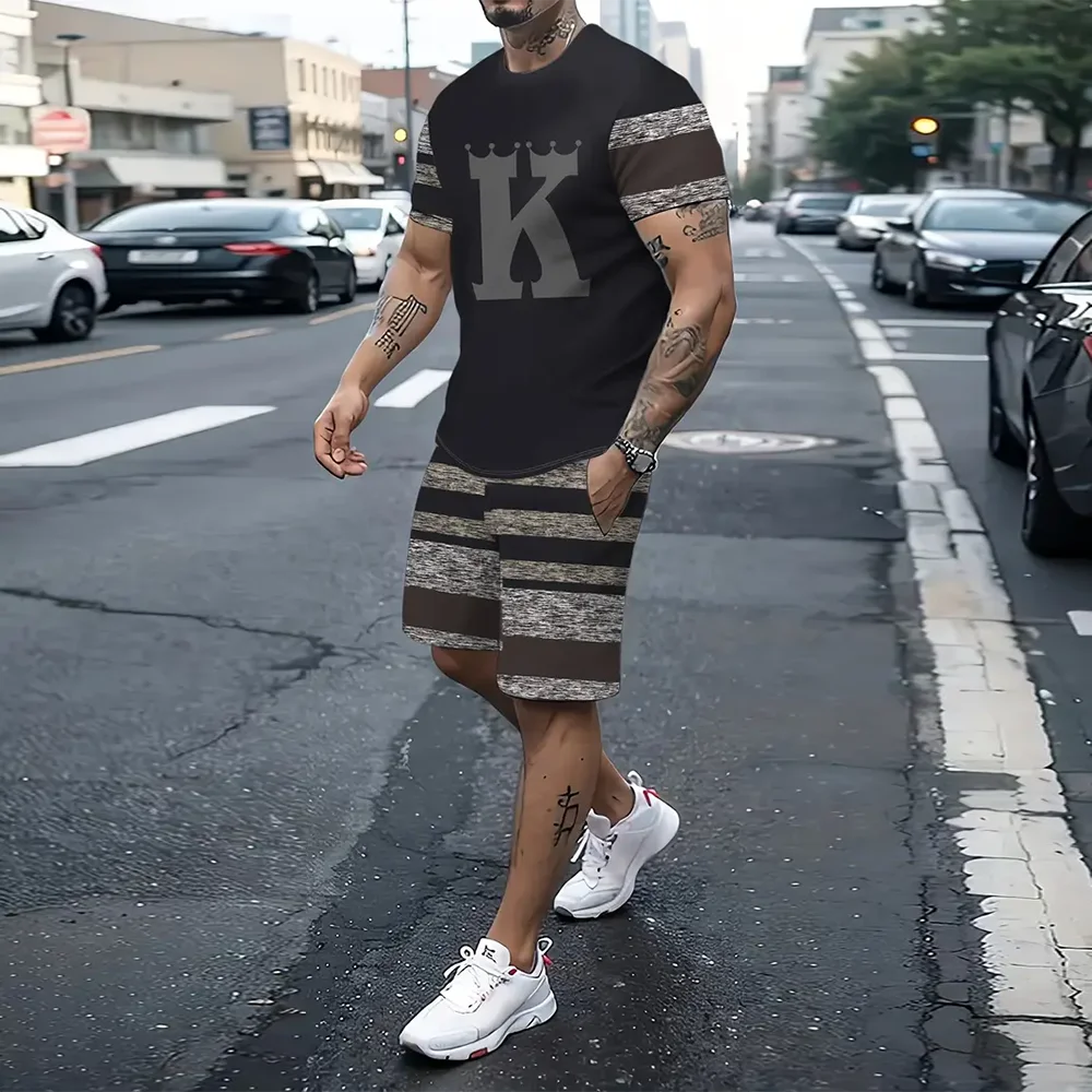 Fashion Men\'s Short Sleeve T-Shirt With Shorts Set 3D Letter Printed Drawstring Shorts 2-Piece Suits Summer Sportwear Outdoor