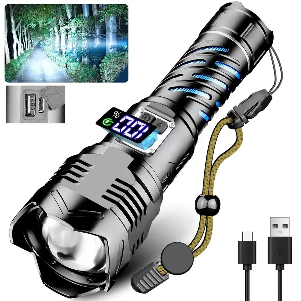 

60W High Power Rechargeable LED Flashlight Torch, Zoomable Light, Tactical Flash Light, Outdoor Camping Lantern, 26650 Battery