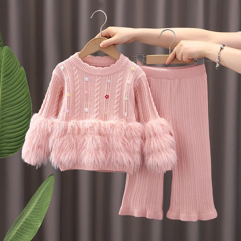 Girl Toddler 1-6 Years Furry Sweater 2piece Set 26 Autumn Winter Jumper Flared Pants Warm Thick Children Kid Cute Clothes Outfit