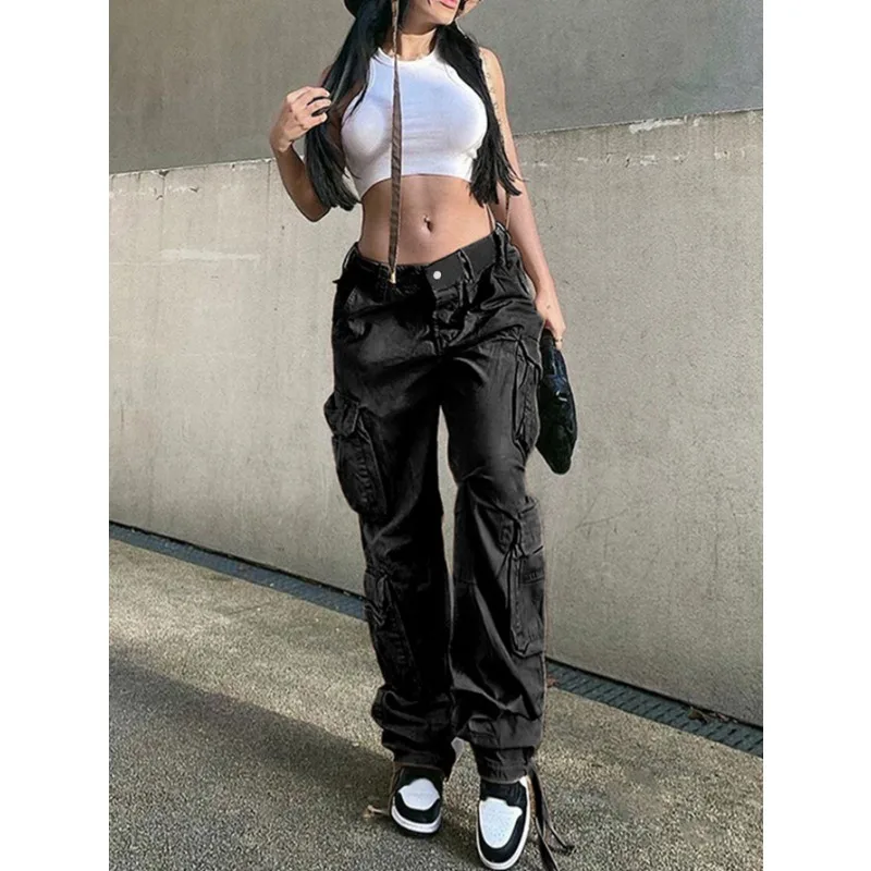 Nueva ropa de mujer de comercio exterior europea y americana estilo callejero Hip-hop cintura baja herramientas multibolsillos pantalones casuales largos