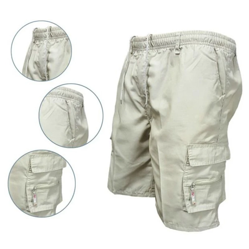 Sommer Herren Casual Einfarbige Cargo-Shorts Multi-Taschen Kordelzug Elastischer Bund Outdoor-Aktivitäten Wandern Angeln Halbhosen – Detail 3