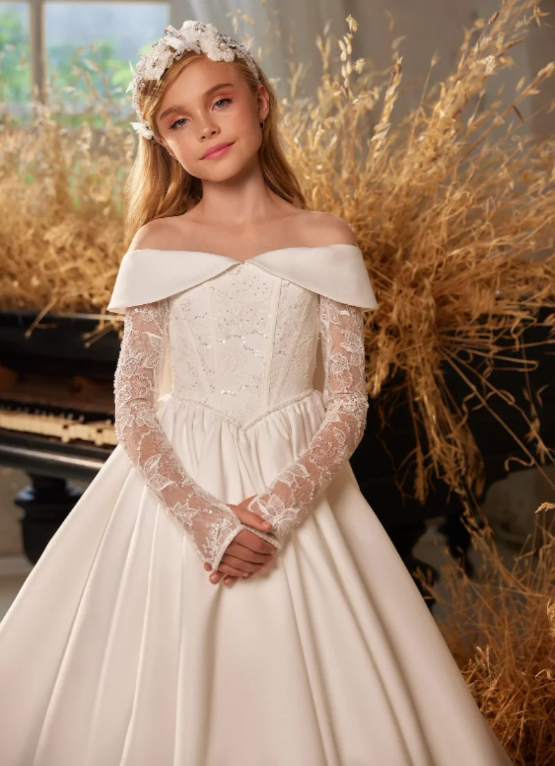 New Arrival Flower Girl Dress for Wedding Ball Gown Solid Heavy Satin First Communion Dress Wedding Gowns Kid Size 1-14T