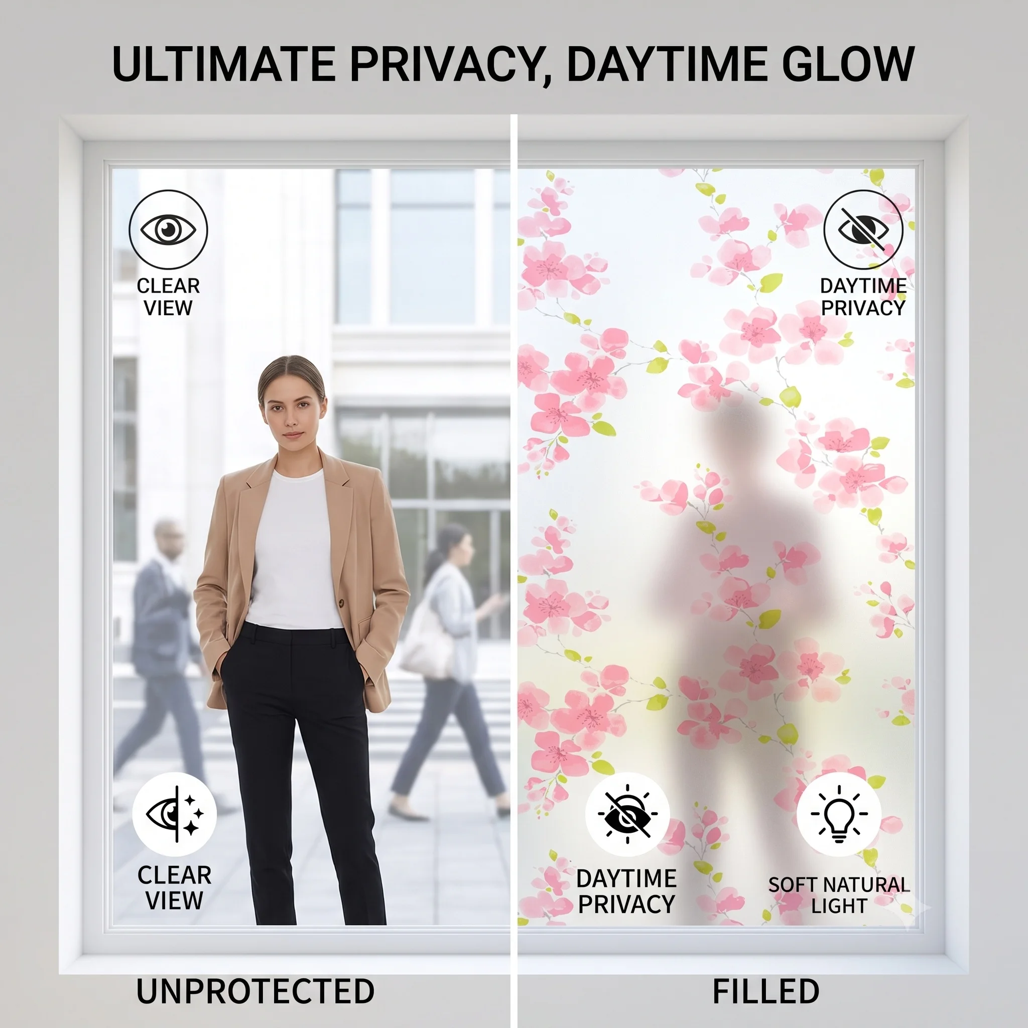 Pink Cherry Blossom Self-Adhesive Window Film Frosted Privacy Glass Sticker Anti-UV Waterproof Peel & Stick Decor for Bathroom