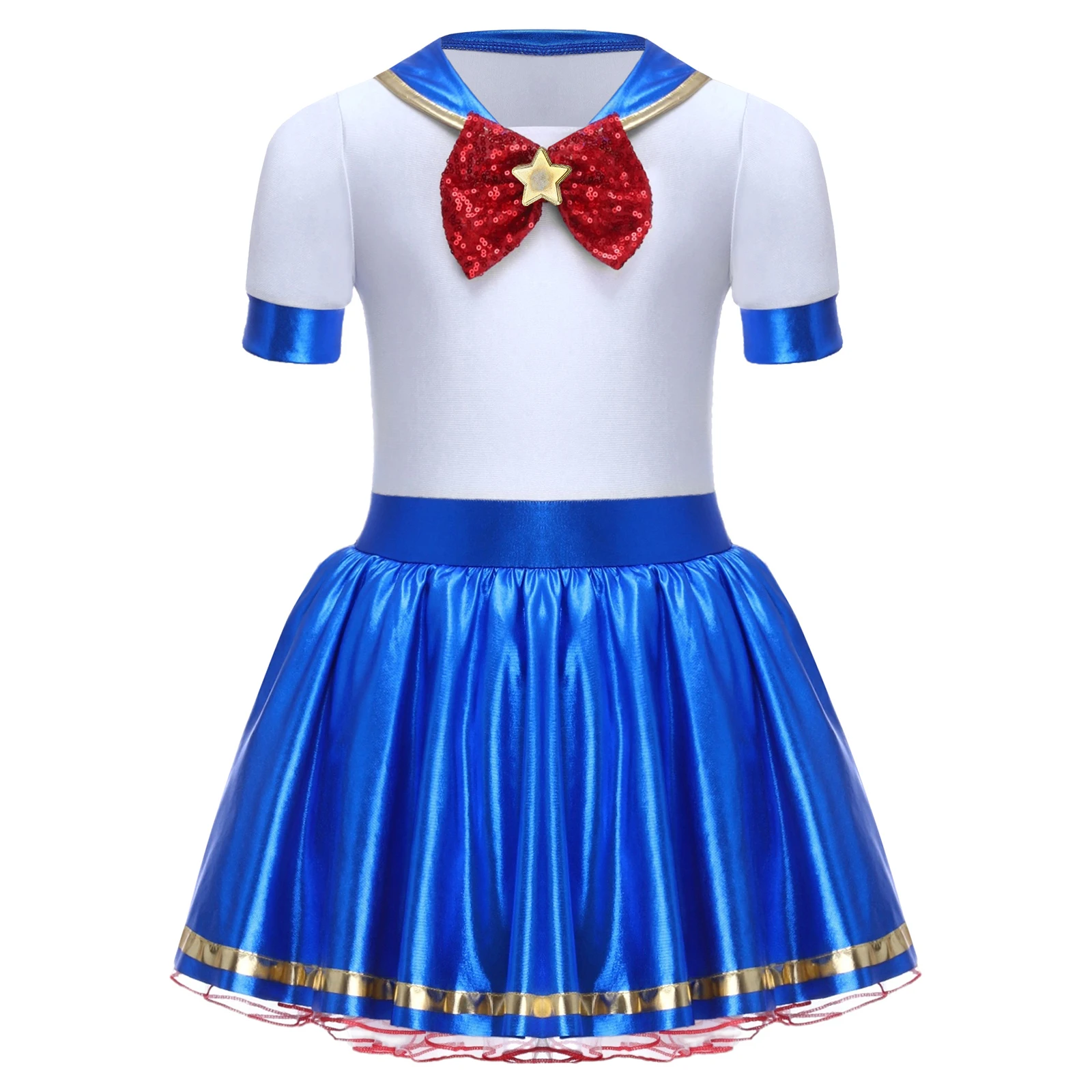 Children Girls Anime Sailor Costume Halloween Carnival Party Cosplay Clothing Metallic Glossy Short Sleeve Bow Tie Ruffled Dress