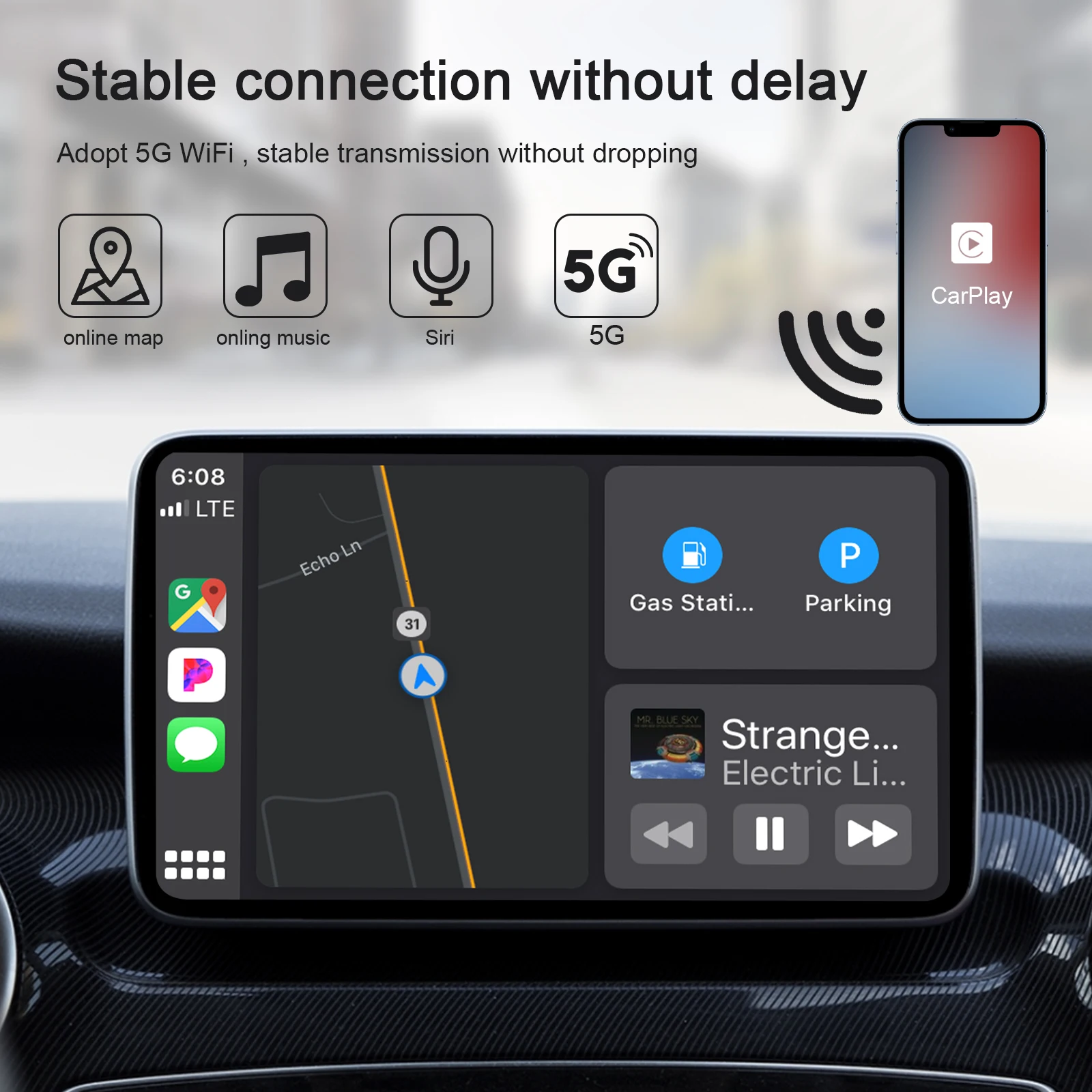 Adaptador CarPlay sem fio para iPhone, Adaptador Auto Car, Apple Dongle Carplay sem fio, Plug Play, 5GHz WiFi, Atualização Online