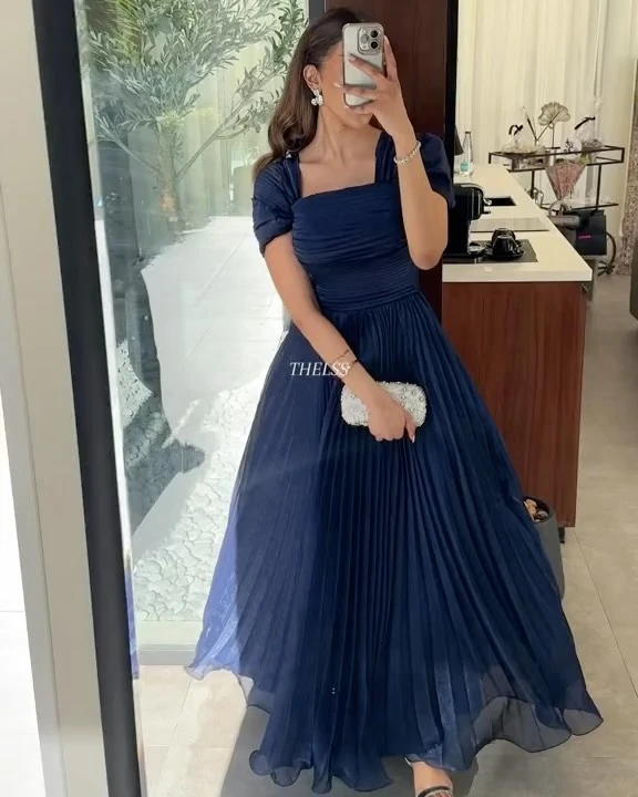 Vestido largo plisado de tul para mujer, vestido elegante de corte A con cuello cuadrado, vestido de fiesta de princesa plisado liso Simple para mujer