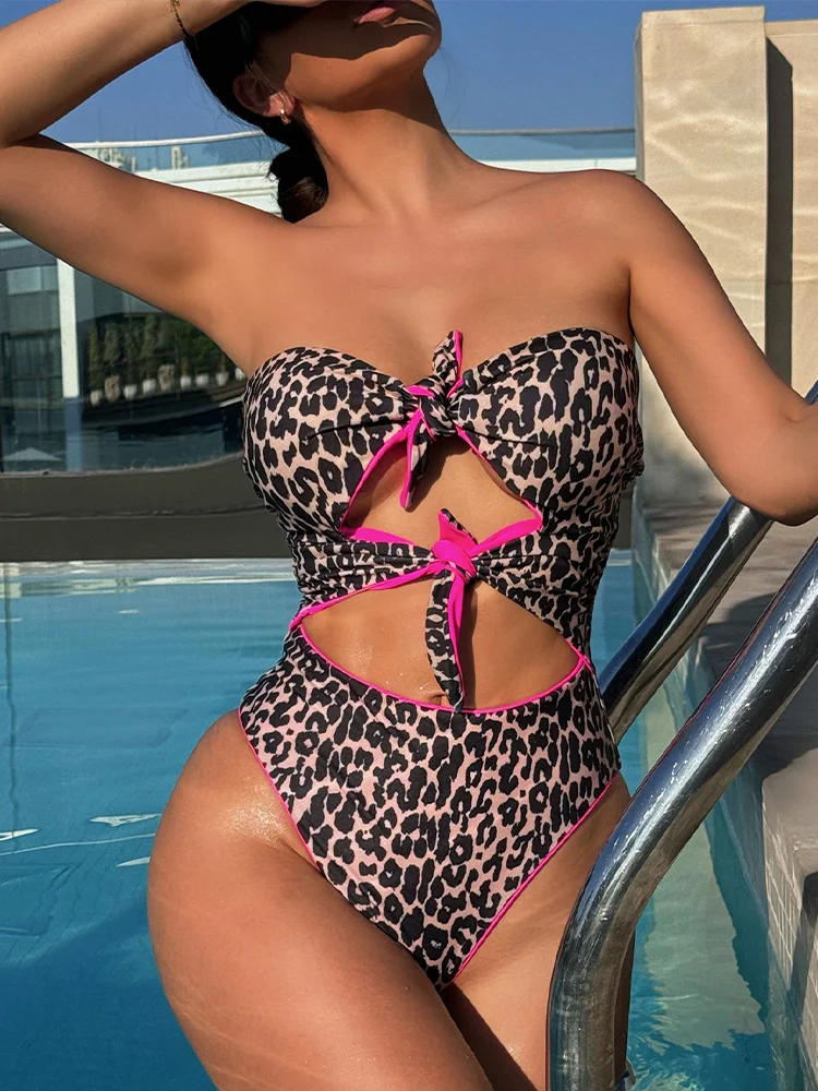 AOTVOTEE, bañador Sexy sin tirantes de leopardo ahuecado de una pieza, Bikinis de playa para mujer, nuevo traje de baño de verano 2025, traje de baño de una pieza