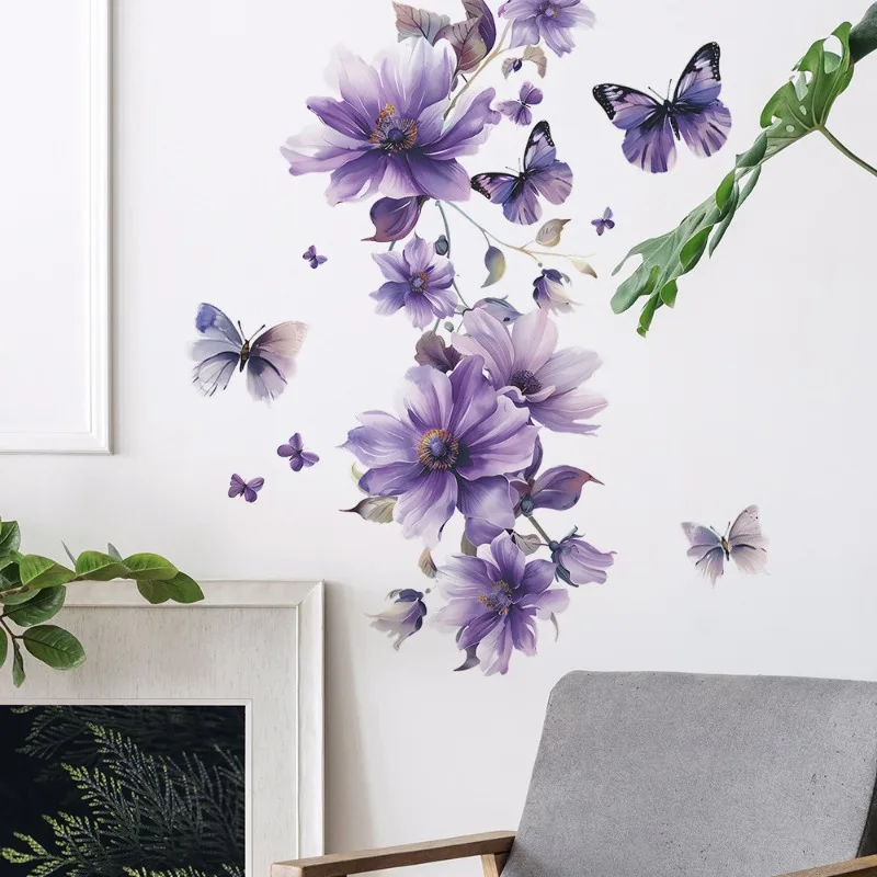1PCS Purple Flowers Green Plants Butterfly Bedroom Living Room Wall Decoration Wall Stickers Wholesale PVC Material