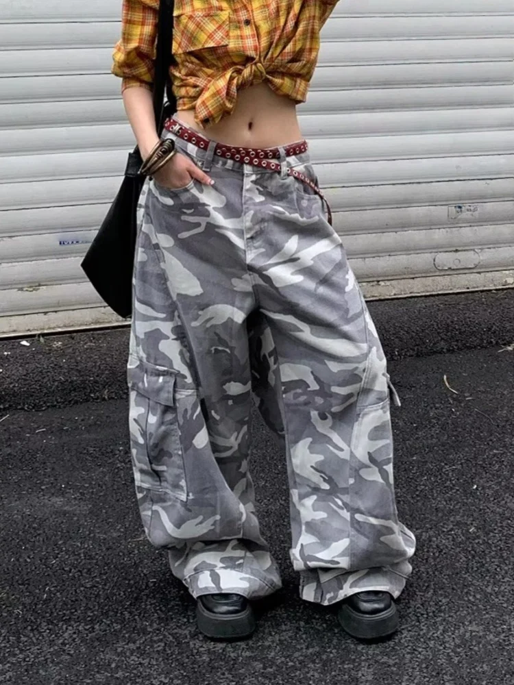 2025年アメリカンレトロY2Kファッション迷彩柄バギーカーゴジーンズパンツ レディース服 ワイドレッグ ストリートウェア コットン レディースパンツ