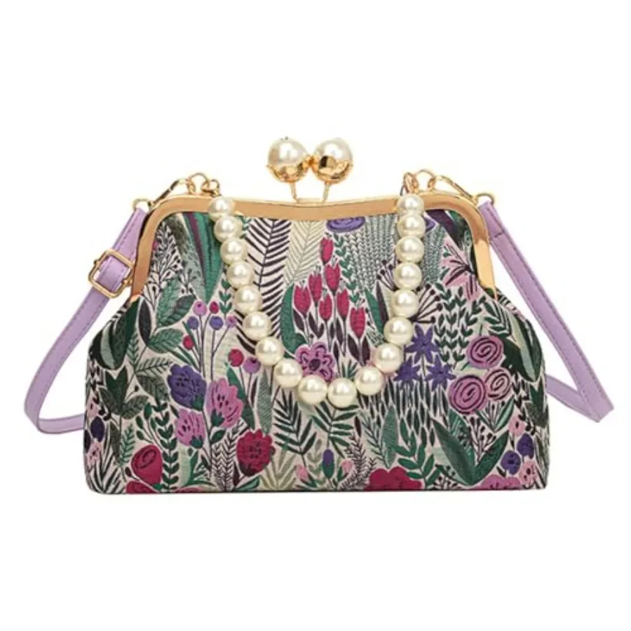

Vintage Embroidered Flower Handbag Retro Pearl Chain Crossbody Bag Clutch Kiss Lock Top Handle Shoulder Purse Wallet 2026