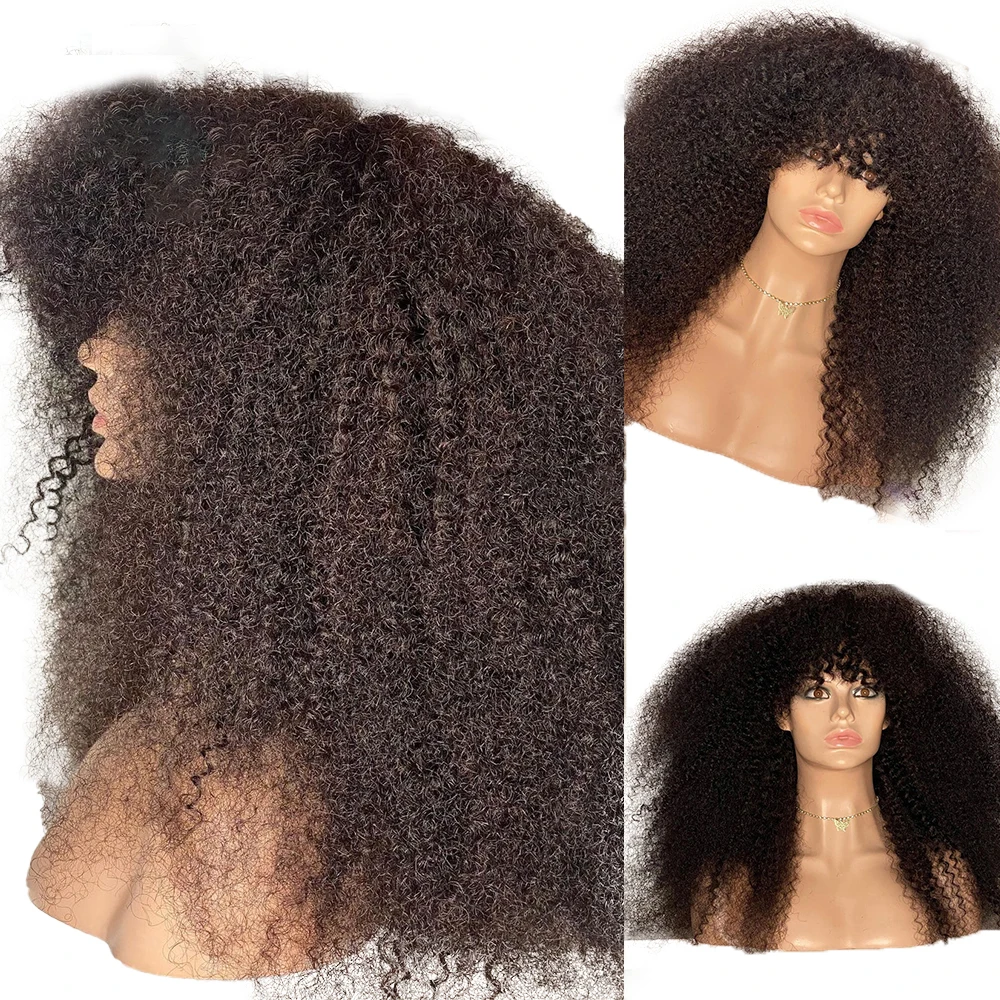 

Naural Black Long 180Density 26“ Soft Glueless Kinky Curly Machine Wig with Bangs For Women BabyHair Preplucked Heat Resistant