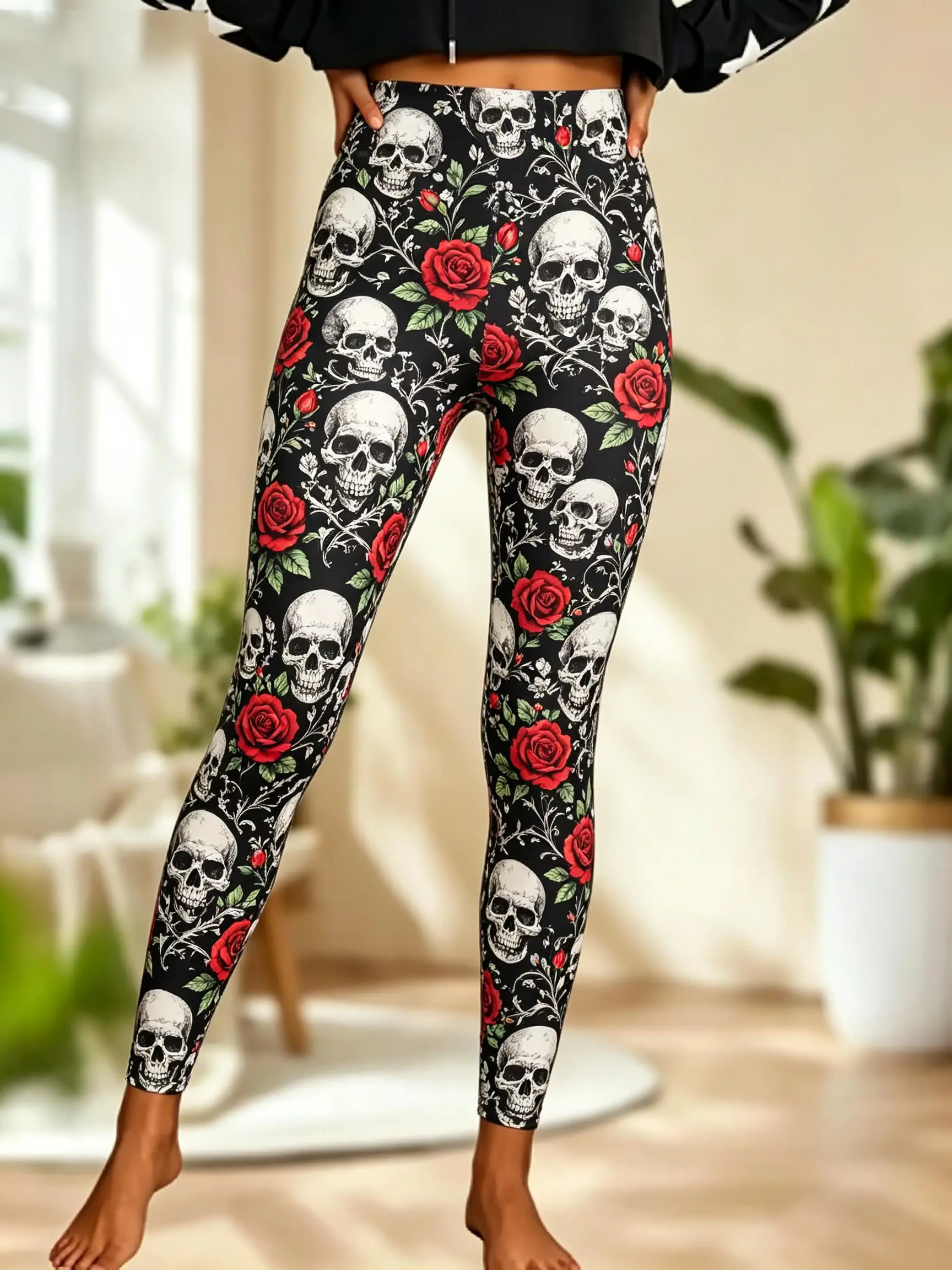 Women Fleece‑lined Mid‑rise Leggings Skull Rose Floral Print Slim Stretch Halloween Casual Pants
