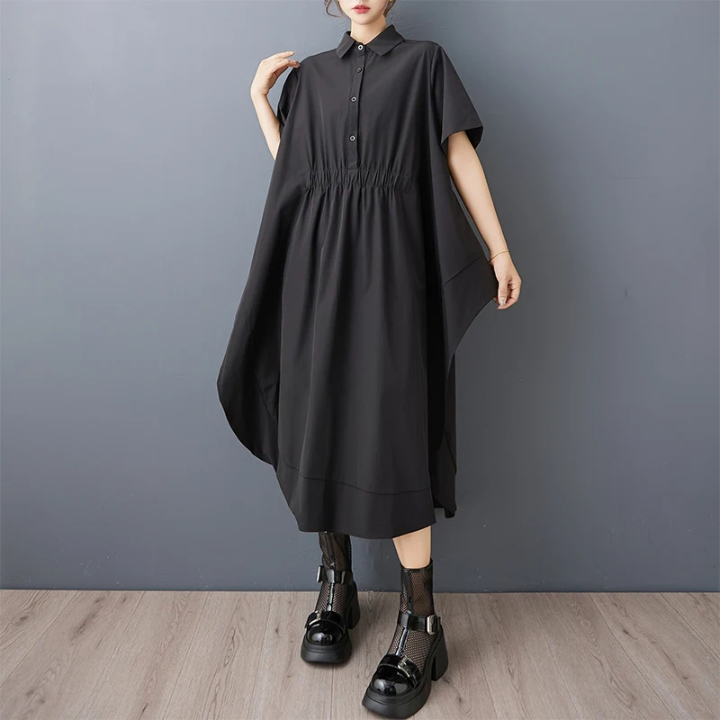 Gonna camicia in stile occidentale dal design di nicchia irregolare scuro, abito ampio che copre la pancia alla moda con spacco laterale