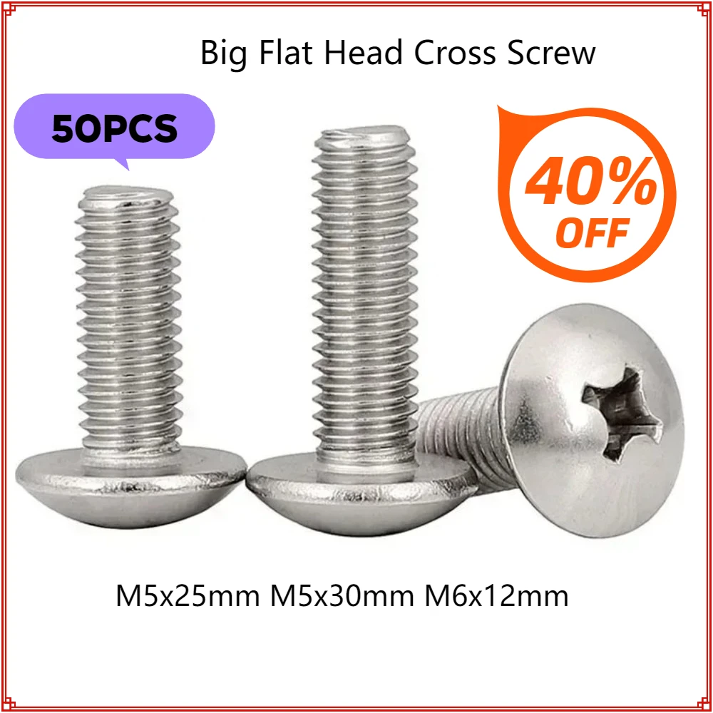 50PCS M6 M6X12mm 304 Stainless Steel Cross big Flat Head Screw  M5 Mushroom Head Screw Bolt JISB1111T