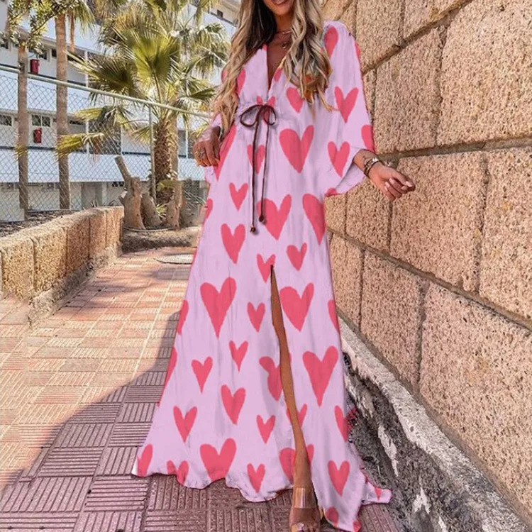 Bikini Cover-ups Boho Print Long Dress Self Belted Sexy Beach Tunic 2023 Summer Women Beach Wear Swim Suit Cover Up kimono